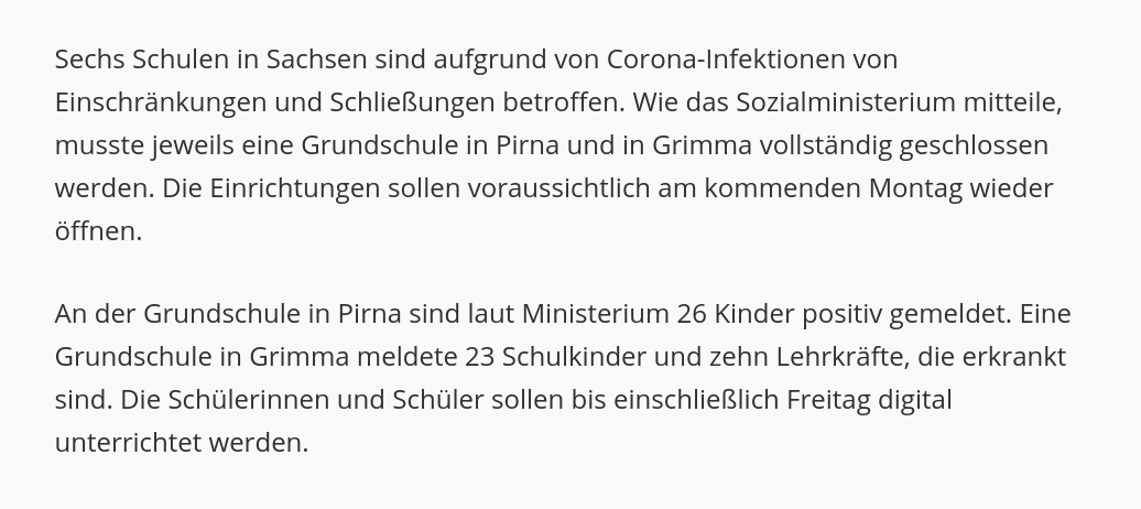 In #Sachsen müssen erste Grundschulen wegen massiver Infektionshäufungen vollständig schließen/zum Digitalunterricht übergehen.

@Bildung_Sachsen, das ist Ergebnis Ihrer Missachtung v. Infektionsschutz- u. Hygienestandards an Schulen!
 
mdr.de/nachrichten/sa…

#BildungAberSicher