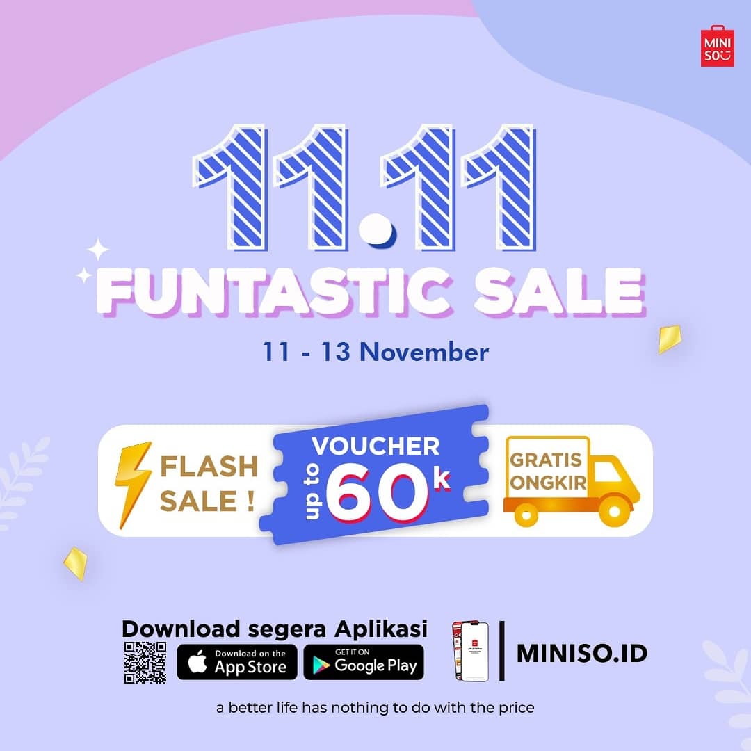 Minisojambitow2's tweet photo. Hi MINISO friends! FUNTASTIC SALE 11.11 IS HERE! Nikmati diskon 20% untuk semua produk dari tanggal 11-13 NOVEMBER dan dapatkan voucher FREE ONGKIR serta voucher potongan sampai dengan 60ribu HANYA di aplikasi MINISO! Ayo buruan download dan belanja HANYA di MINISO! https://t.co/Nvr9u2MaAl