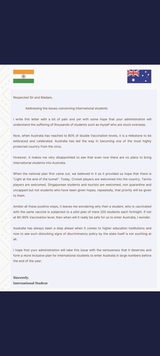 Open letter from students to the people making decisions about our prospects and future in Australia. It indeed, is the need of the hour to scrap the pilot plan and treat students equally. 

<a href="/Dom_Perrottet/">Dominic Perrottet</a> <a href="/JoshFrydenberg/">Josh Frydenberg</a> <a href="/ScottMorrisonMP/">Not ScoMo</a> <a href="/AlexHawkeMP/">Alex Hawke MP</a> <a href="/DrSJaishankar/">Dr. S. Jaishankar</a>