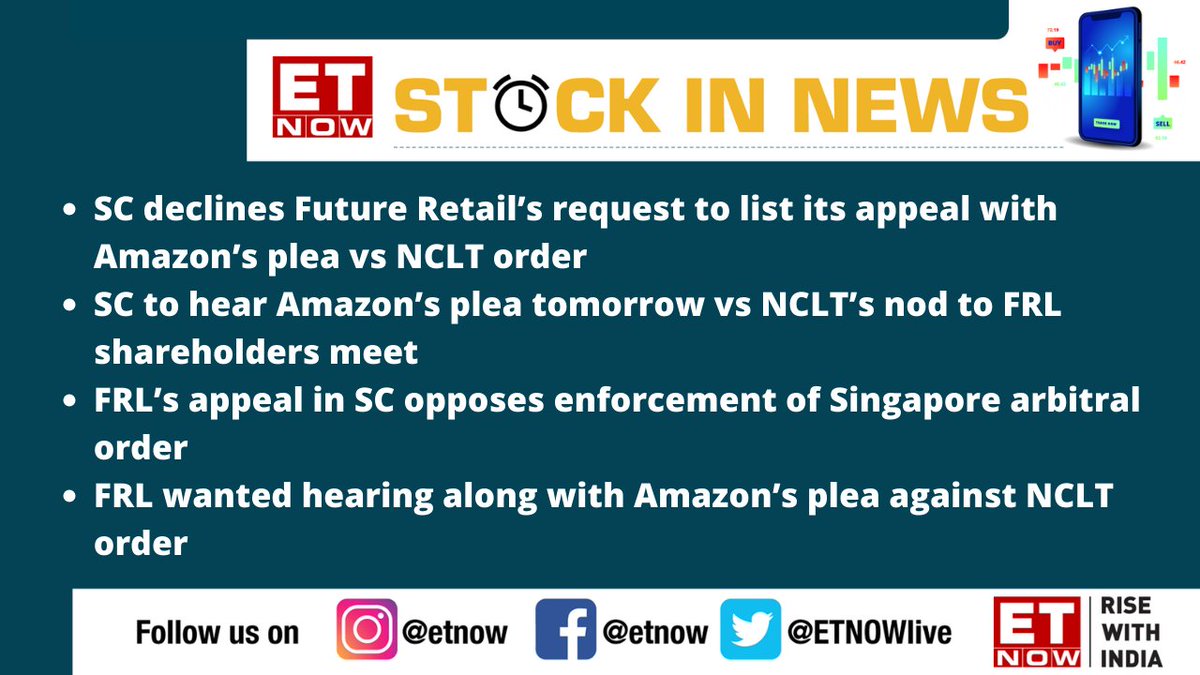 ETNOWlive's tweet photo. #SupremeCourt declines Future Retail’s request to list its appeal with Amazon’s plea vs NCLT order
@abhhimanyus #FutureVsAmazon @fg_buzz @BigBazaar @kishore_biyani https://t.co/13yZyzOf1M