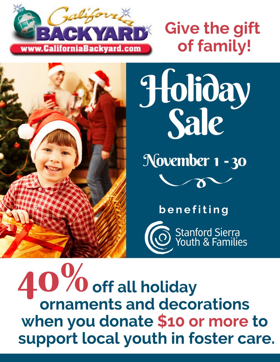 StanfordSierra1's tweet photo. Stop by your nearest California Backyard store and get a 40% discount on your holiday decorations when you donate $10 or more to support local youth in foster care.

#HolidayShopping #HolidayGiving #CABackyard #Discount #Community #FosterCare #FosterYouth #FosterLove #FosterJoy https://t.co/yFz0r5gRVE
