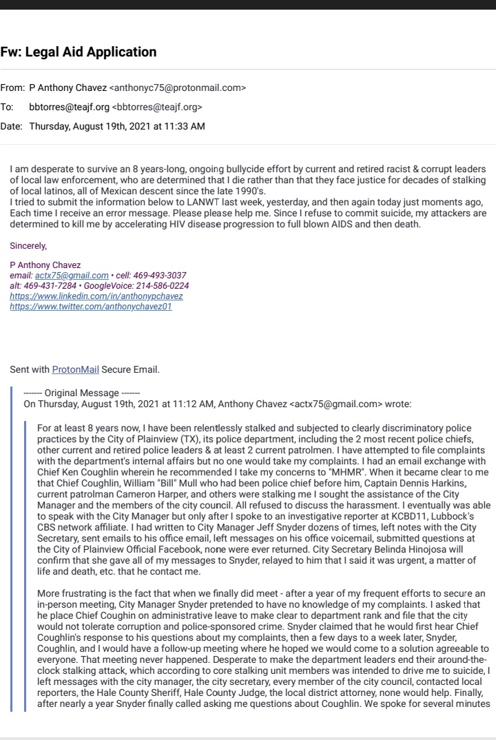 AnthonyChavez01's tweet photo. I've sent many such requests to various legal aid agencies, civil rights & police watchdog groups like @CivilRights @TheJusticeDept @verainstitute @LambdaLegal @ACLU @HRC @MACRI_national, @TexasObserver w/only 2 replies. I suspect #PlainviewPD blocks most of them #CRIMINALS4COPS https://t.co/DDnSOb4Z0X