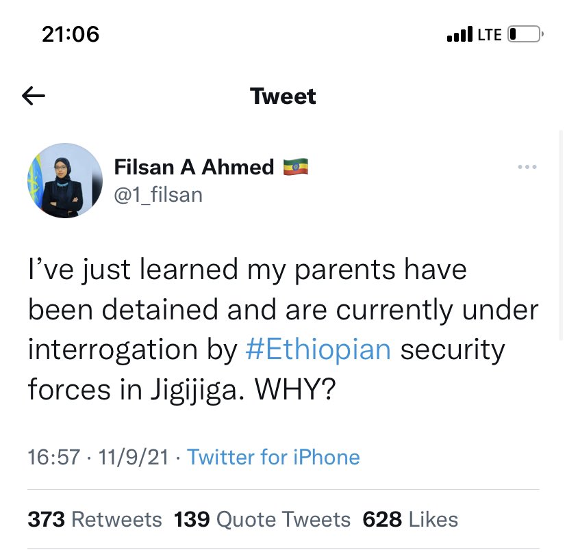 KiyaSegni's tweet photo. Former minister of Women, children and youth of #Ethiopia. @1_filsan Filsan Ahmed’s parents are detained in Jijiga. 

She was Abiy’s cabinet until recently. https://t.co/v56SB5kUsX