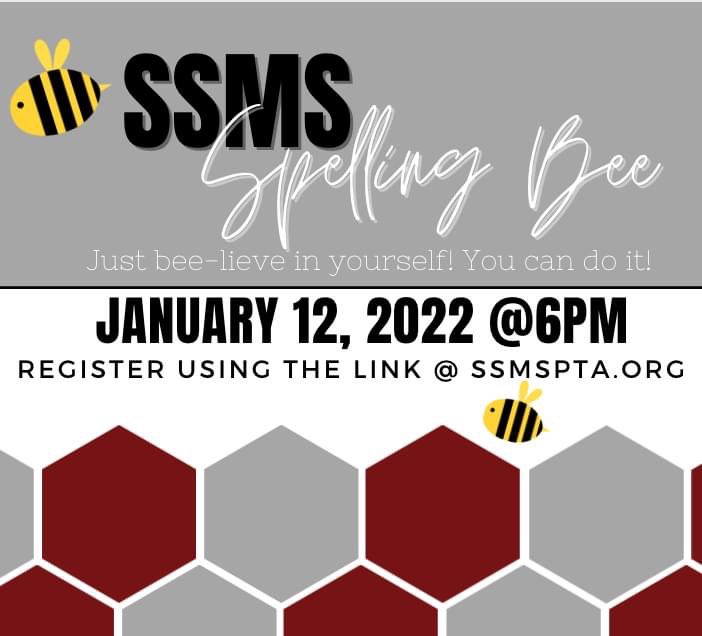 SSMSPTA's tweet image. BEE a participant in our Spelling Bee!
SSMS PTA is excited to host the Spelling Bee once again! SIGN UP HERE: docs.google.com/forms/d/1BfZb-… 
After registration, you will receive the study list.
Study ALL.THE.WORDS.
Event Date: January 12, 2022, 6 PM
SSMSBeeChair@gmail.com