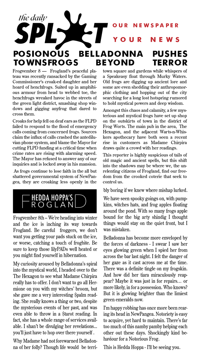 Frogland_io's tweet photo. The next chapter of our #FRPG is live in our @discord NOW in the FRPG Gameplay text channel &amp; the Lilypad Lounge voice channel! Check out the latest issue of #TheDailySplat to catch up! Live tweets in this thread... #NotoriousFrogs of #Frogland in #NewPangea #metaverse https://t.co/tRgWV1xdao