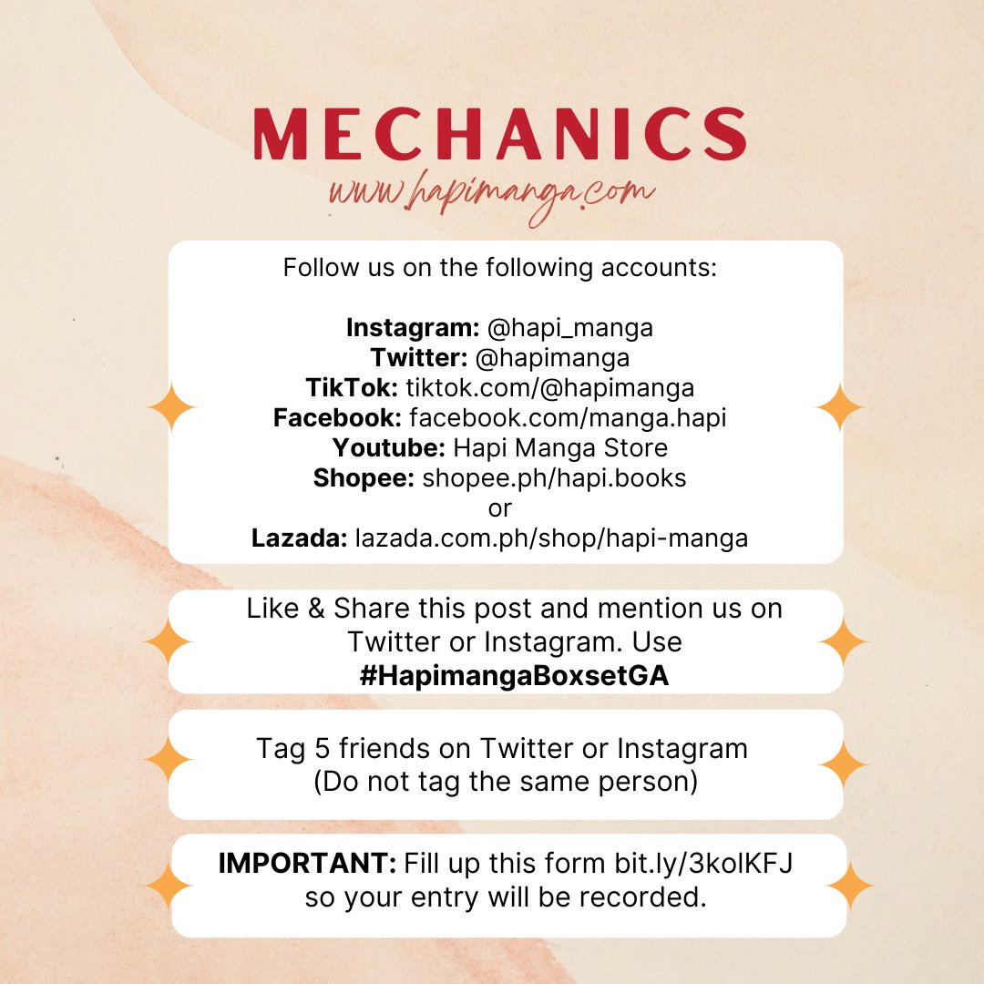 HapiManga's tweet photo. 🎁 'Tis the season to be giving!

Hapi Manga's Senpai will be giving away
✨1 MANGA BOX SET OF YOUR CHOICE to 1 LUCKY WINNER ✨

How to join? Follow the mechanics below.
Fill up this form afterwards: https://t.co/DbNr3uL5y8

#HapimangaBoxsetGA https://t.co/p42IZoVjSz