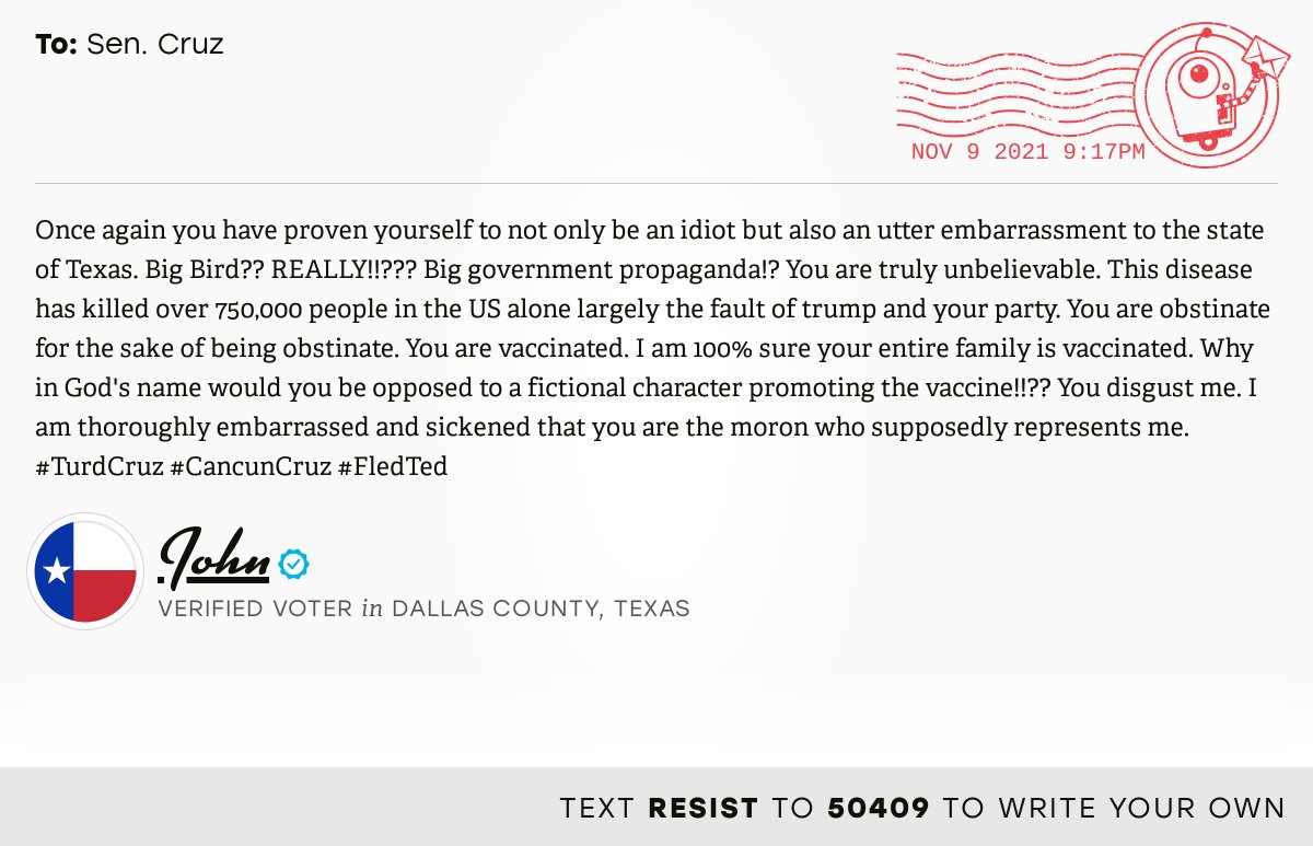 openletterbot's tweet photo. 📬 I delivered this ✉️ from John, a 🗳 verified voter in Garland, Texas, to @SenTedCruz #TX32 #TXpolitics

📝 Write your own: https://t.co/z5540KFSKD https://t.co/XwP8K85ysY