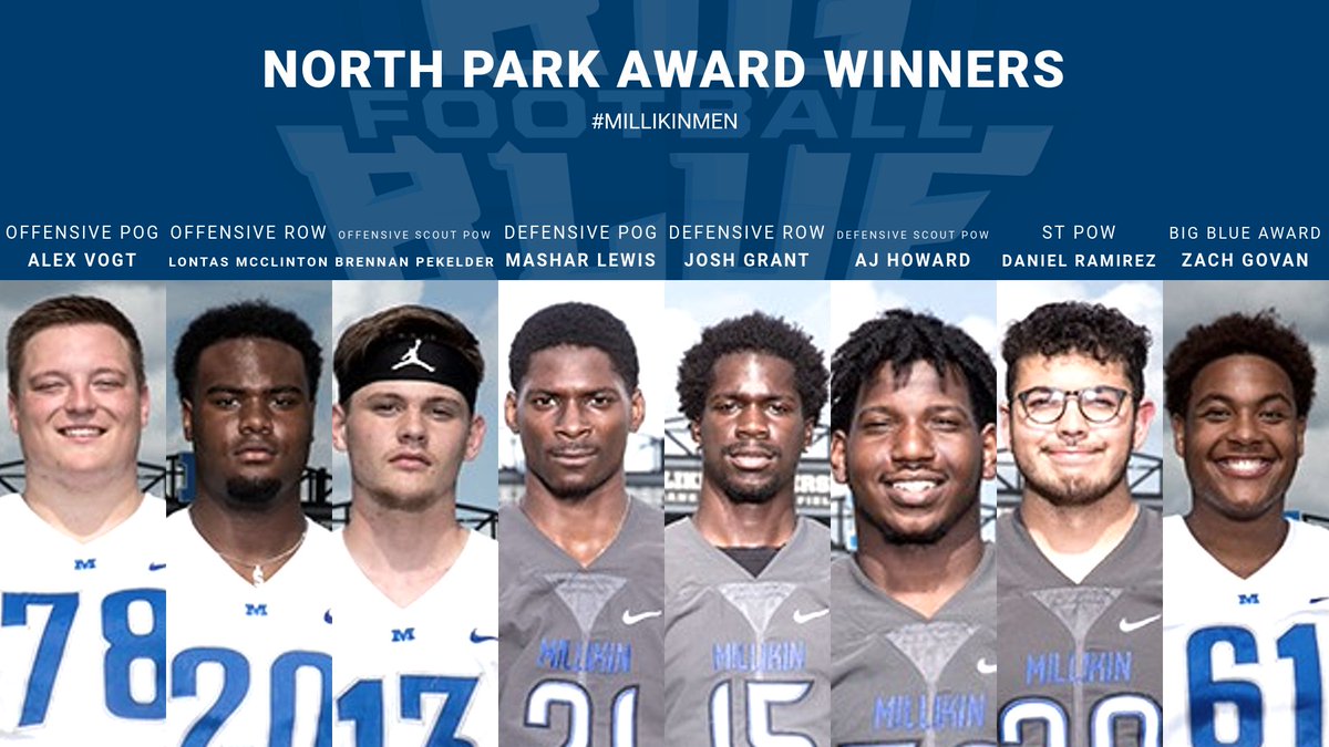MU_BigBlueFB's tweet photo. Award winners for the 21-0 Victory over North Park! #ShutOut #MillikinMen https://t.co/MKQfxERkZI