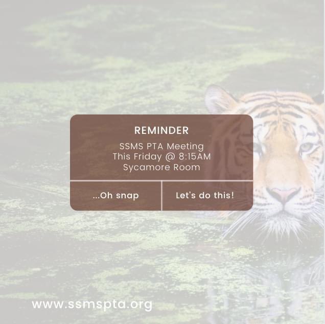 SSMSPTA's tweet image. SSMS PTA membership meeting this Friday, on campus, in the Sycamore room!  We would LOVE to have you.  Mr. Diehl will be there with updates, and we will have a presentation on Human Trafficking.  Sign up here: forms.gle/TPGNFpgjcxc29s… 
Future dates on ssmspta.org