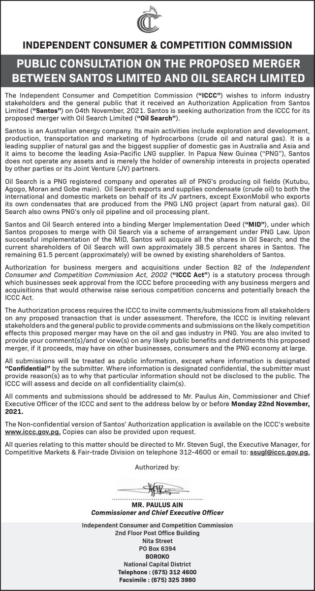 ICCCpng's tweet photo. PROPOSED MERGER BETWEEN SANTOS LIMITED AND OIL SEARCH LIMITED 
Provide your views on any likely public benefits and detriments this proposed merger may have on other businesses, consumers and the PNG.
https://t.co/uPWkmlMmEs https://t.co/m6hpS9Svu3