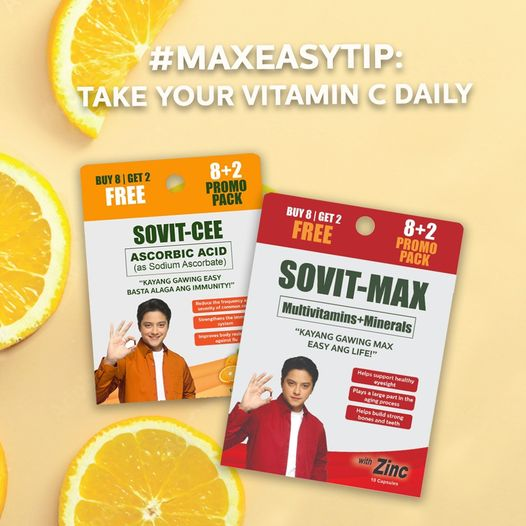 #MaxEasyTip:
Do not miss to take your Vitamin C for daily protection against harmful viruses and diseases. 
Coming soon to leading drugstores nationwide: The 8+2 promo pack where you get 10 for the price of 8! #GawingMaxEasyAngLife 
sovitvitamins.com
