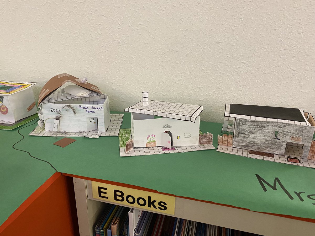 5th graders built tiny houses for a math unit about area, perimeter and volume. We love seeing your creativity on display in the library.  #letsgohdes