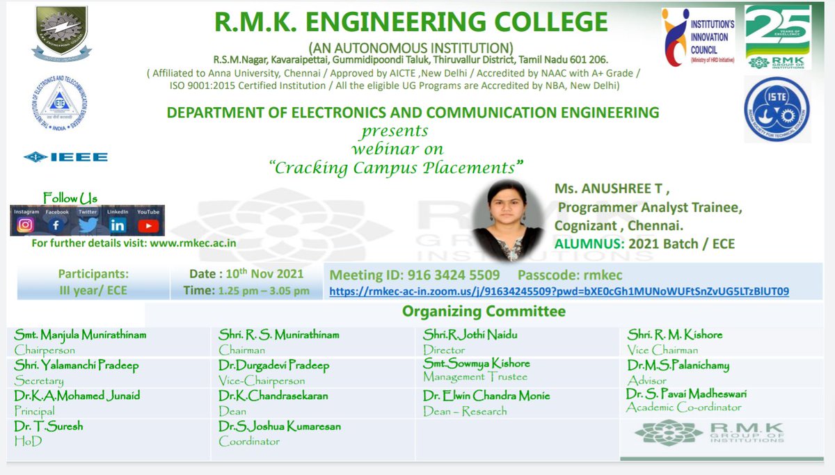 EceRmkec's tweet photo. Department of ECE presentswebinar on
“Cracking Campus Placements”
Date : 10th Nov 2021
Time: 1.25 pm – 3.05 pm
Participants:
III year/ ECE
#RMKEC #ECE #webinar #placementcell https://t.co/bIN0x46K61