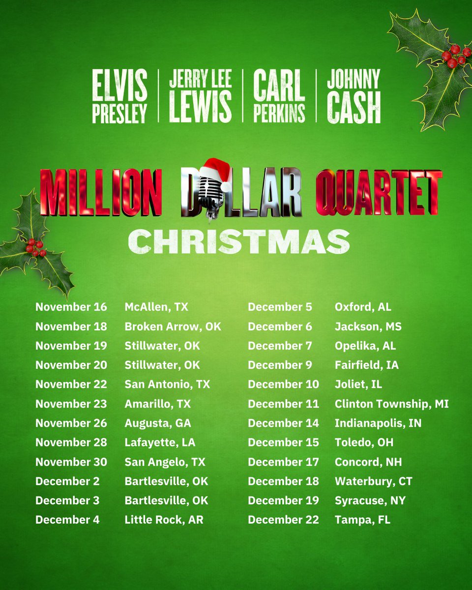 Created by the original team behind our beloved hit musical, Million Dollar Quartet Christmas brings Johnny Cash, Jerry Lee Lewis, Carl Perkins and Elvis Presley together again to celebrate Christmas! It’s a jam-packed evening of holiday hits that you won’t want to miss!