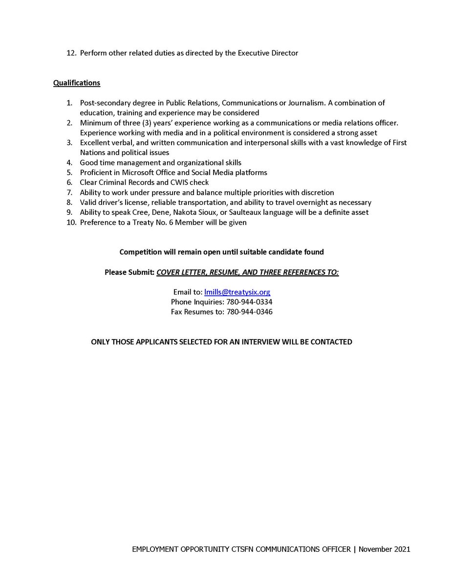 EMPLOYMENT OPPORTUNITY

We are looking for a Communications Officer! Visit treatysix.org/careers for more details including how to apply. #JobOpportunity #Treaty6 #YEG