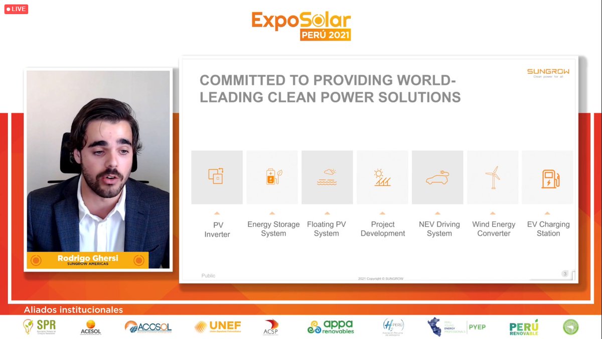 ExpoSolarPeru's tweet photo. Rodrigo Ghersi, nos presentó las soluciones integrales para plantas fotovoltaicas que viene implementando Sungrow desde hace 24 años en el mercado y su cobertura hacia Latinoamérica y la región Andina, teniendo como principal unidad de negocios a los inversores fotovoltaicos. https://t.co/CNjOvHB49J