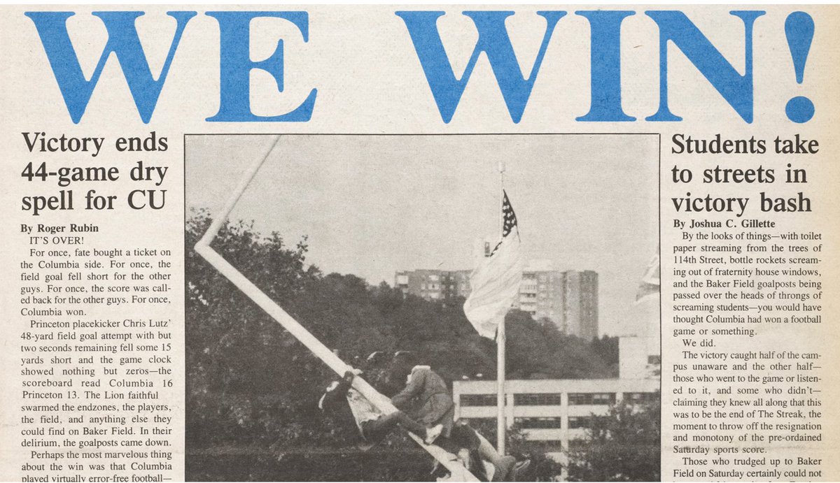 HistColFootball's tweet photo. #TBT Columbia 16 Princeton 13, 1988. Lions end 44 game winless streak. The fans tore down the goal posts &amp; carried them onto campus. @CULionsFB #Columbia #EAT #CharlieMike #CollegeFootball @FilmHistoric @ClintKPoppe #IvyLeague @elevenbravo138 @SMartinez207 #RoarLionRoar https://t.co/ylbpGNgffJ