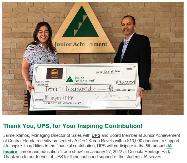 Donations like this from the UPS Foundation help enable the mission of <a href="/JACentralFL/">JA Central Florida</a> - to inspire and prepare young people to succeed in a global economy. Thank you to Karen Revels, President &amp; CEO of Junior Achievement of Central Florida for her leadership!