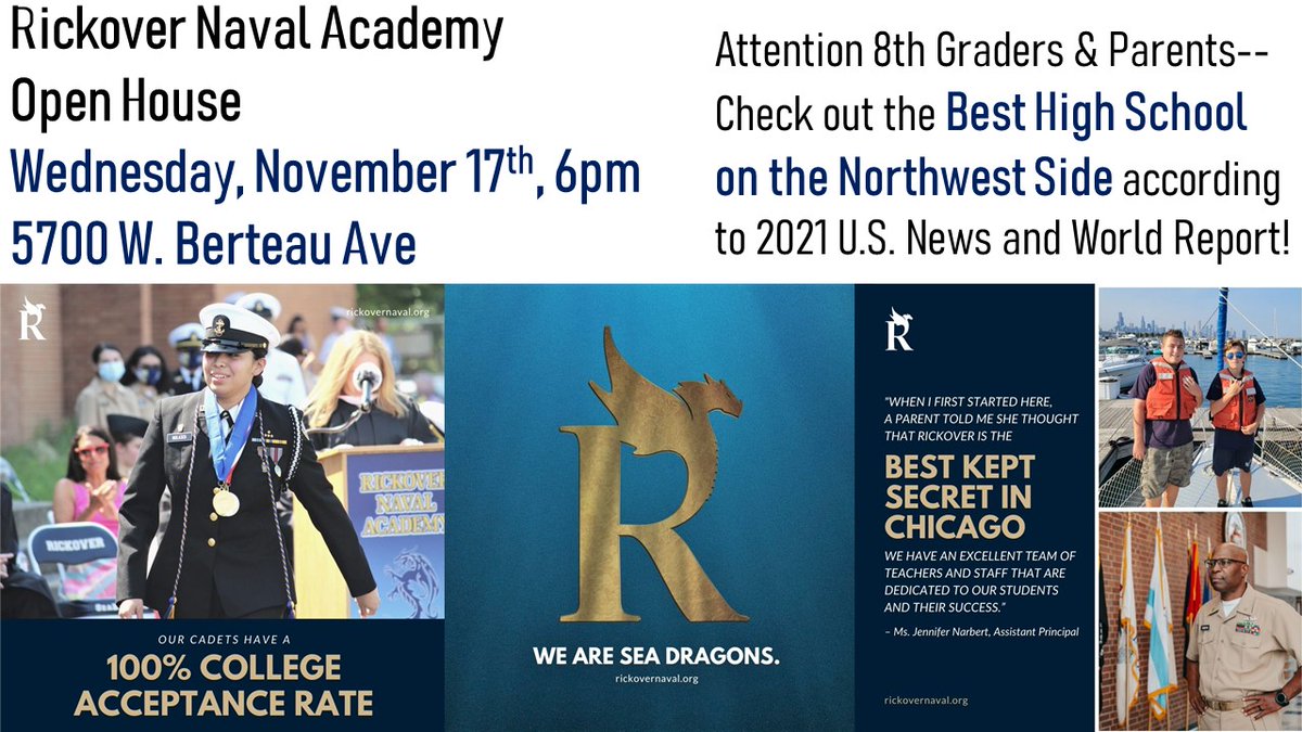 RickoverNavalHS's tweet photo. ATTENTION 8TH GRADERS! Come check out Rickover at our upcoming Open House on Wed, Nov 17th at 6pm! #ComeAboard @VoltaSchool @ThorpSchool @PortageParkES @CpsReinberg @lyon_school @palmer_panthers @JBMurphySchool @BridgeSchool2  @DeverDragons @APMABulldogs @BrennemannEs @CoonleyES https://t.co/mndPmoybV4