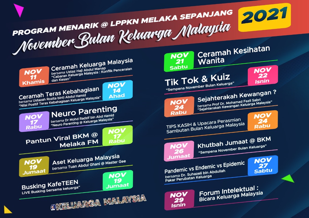 lppknmelaka's tweet photo. Disini rancak! Disana rancak! Program Menarik LPPKN Melaka sempena #BulanKeluargaMalaysia sepanjang #November !!!!
#KitaKanKeluarga
#KeluargaMalaysia
#BKM2021 https://t.co/H1kjPBPvt3