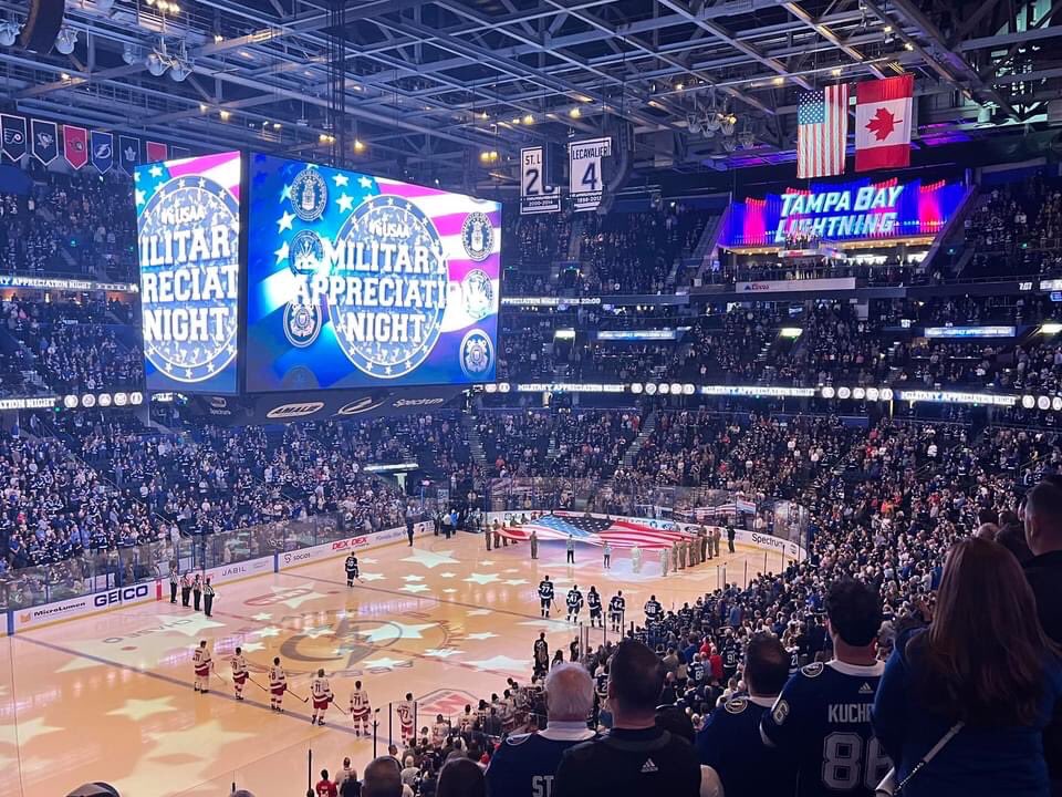 OMGTampaBay's tweet photo. It’s #MilitaryAppreciationNight at Amalie Arena and OMG was proud to sponsor 50 seats for Veterans to attend tonights @TBLightning game. #gobolts https://t.co/xDeatmctPM