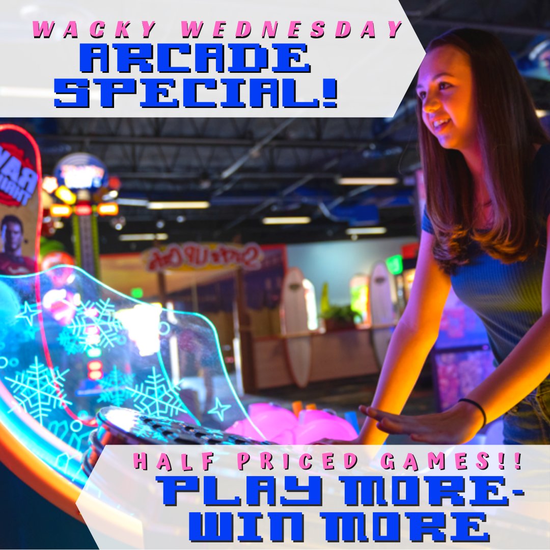 🌟#PlayMore #WinMore on #WackyWednesday in our #arcades ! 🕹️ Arcade Games are HALF PRICE on Wednesdays ONLY! Double your fun #gaming on #Wednesday at Boomers! 👾 *valid CA locations