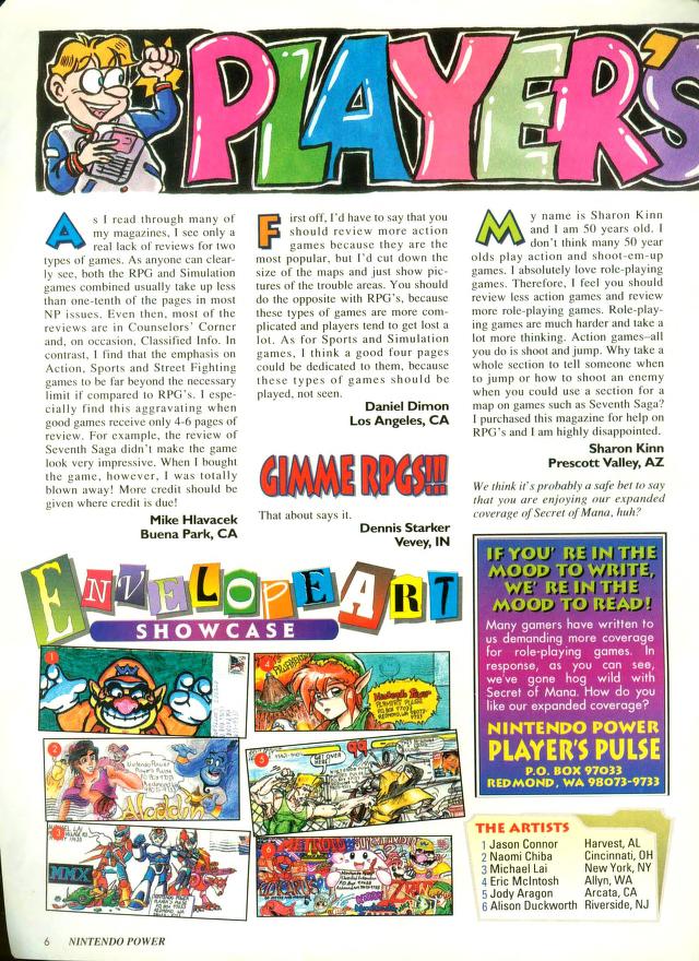 ニンテンドーパワー63号目
フォーラムにてクリスマスにSUPER NESもゲットしたカナダのクレアさん。14種のマリオフィギュアを作ったという。ロイがグッド。
日本未発売マリオのEARLY YEARS紹介欄も。
他にGBイッチー&スクラッチ−攻略記事とアトミックガイの表情が良いキングオブモンスターズ2など