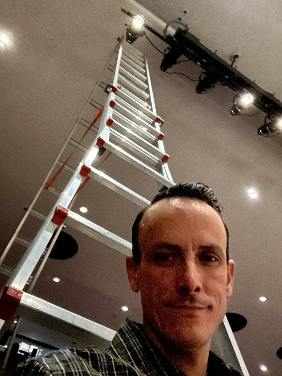 NMasquers's tweet photo. A tech director’s job is never done…and sometimes at great altitudes. #holdtheladderplease #lightcrew @NSArts1 @NSArtsAngels @SHELLNORTHSHORE @delima_margaret @drzublionis @dcchill22 @NSMS_Masquers https://t.co/Yh0Dt1xGBe