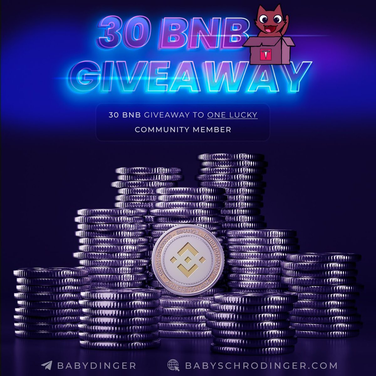 To kickstart our gratitude, we are inviting you to win a chance at 30 BNB. It’s easy. Click the link to get started! One winner will be announced on December 3rd at 5 pm EST.

30BNB= $19,000

The MORE you SHARE, the more chances you have to win! Good luck

t.me/babydinger_bot