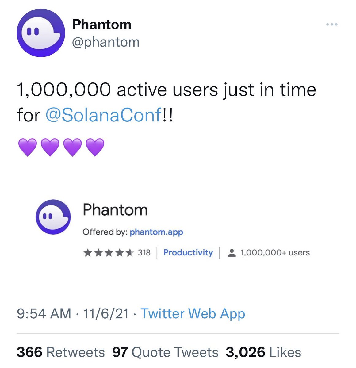 CryptoBlckParty's tweet photo. The number of @phantom active wallets doubled in a little over one month. How long until @Solana hits a One Trillion Dollar MarketCap? It will happen in 2022! Possibly sooner than people imagine. Solana Season is year round sunny, chance of #LetsMakeItRain @ArtPunksNFT $SOL #NFTs https://t.co/y4zxChJ7so