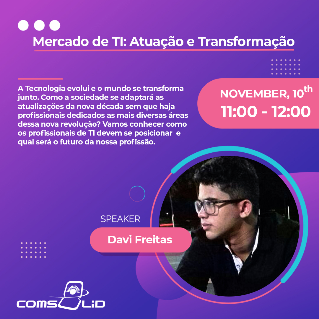 Lembrando que só serão contemplados com prêmios e certificados aqueles que estiverem inscritos nas palestras que irão assistir...

Link para inscrição:
comsolid.4.events/#/
Link para transmissão: 
youtu.be/zSuytXtS3Sk