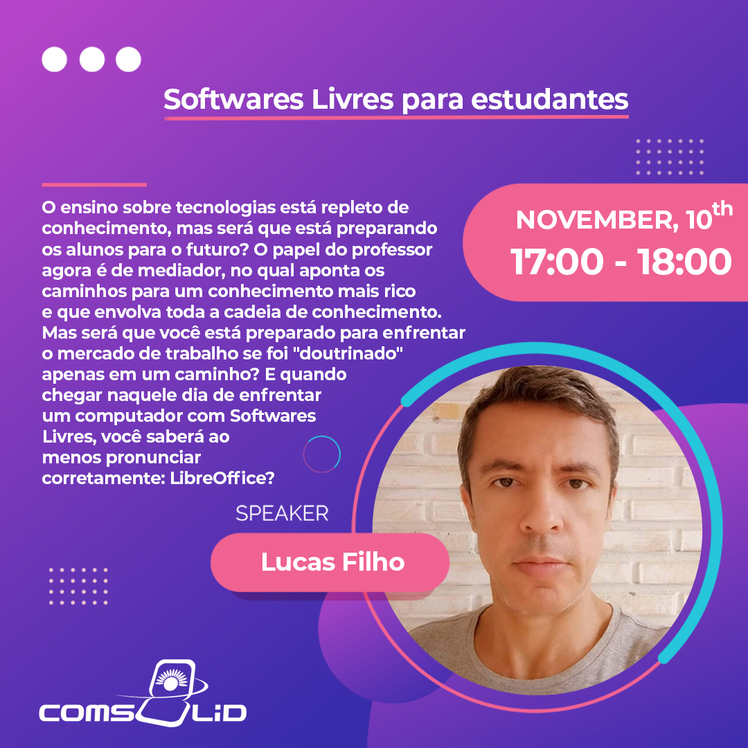 Lembrando que só serão contemplados com prêmios e certificados aqueles que estiverem inscritos nas palestras que irão assistir... Então corre pra garantir sua vaga!

⬇️ Link para inscrição:
comsolid.4.events/#/inscricao/co…

⬇️ Link para transmissão:
youtu.be/zSuytXtS3Sk