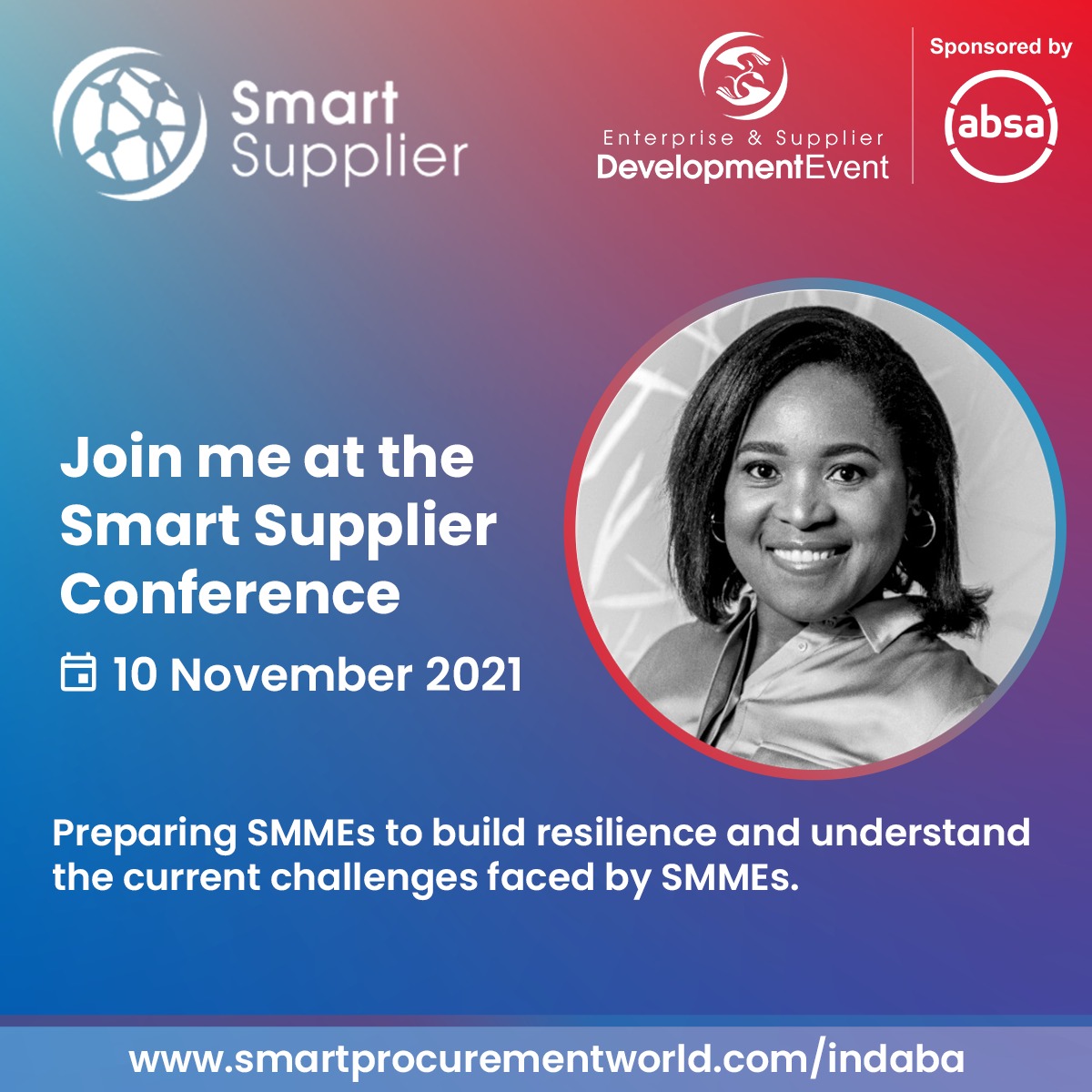 GADConsulting's tweet photo. Join @PreciousMvulane and other industry experts at the 6th Annual Absa Smart Supplier Conference in 30 minutes! Have you booked your free spot? You have everything to gain! @SmartSPW 
Book your free attendance https://t.co/ycYHLyaCEl https://t.co/kPlCmEvdSP