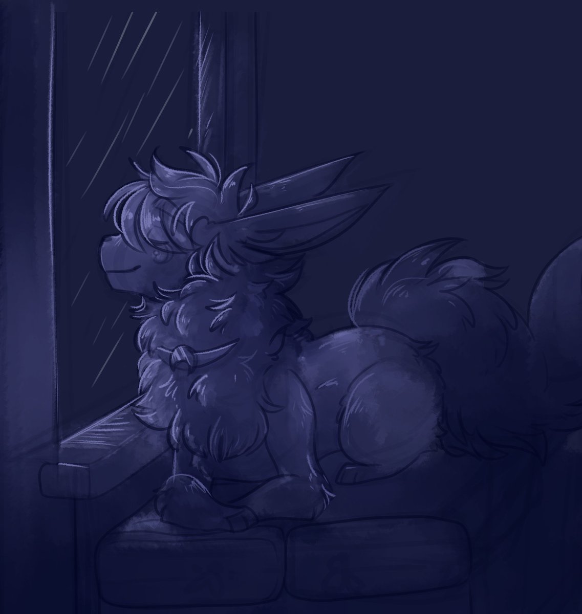 A fun lil monochromatic doodle of Malachai (Flareon) chilling out and listening to the rain