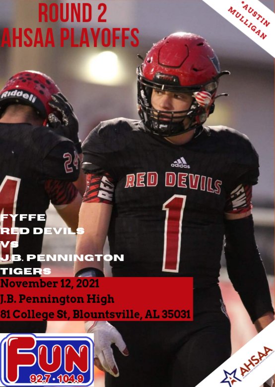 🚨 ONTO ROUND 2!! 🚨

The Fyffe Red Devils will hit the road to face the J.B. Pennington Tigers in Round 2 of the AHSAA PLAYOFFS! Hear the game LIVE on <a href="/FUN927/">Great fun</a> FM!