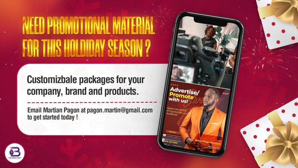 BwoyaTingz's tweet photo. #thebamcast is your go-to for all your Holiday Promotional Needs with affordable packages that wonโt break the pocket. For more info, DM us at @thebamcast or pagon.martin@gmail.com to ring in the Yuletide season TODAY.
#bwoyatingzafterdark https://t.co/C6DwGIYaDJ