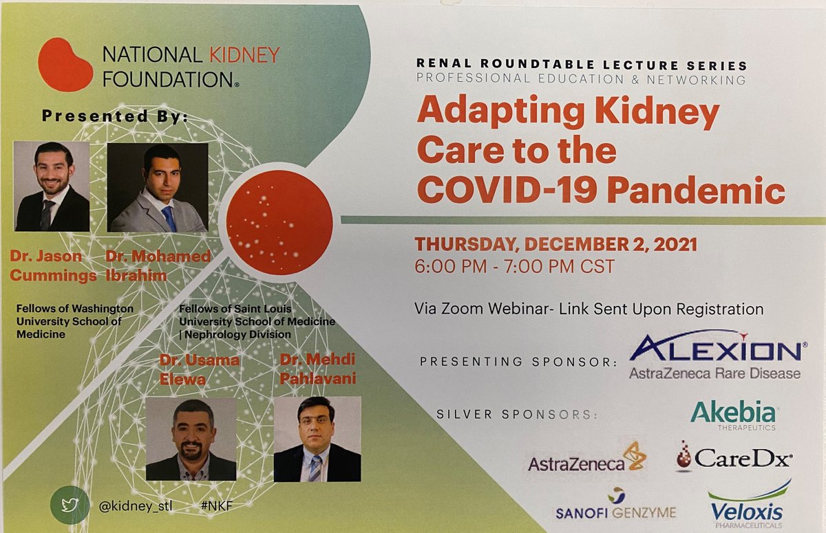KristaLentine's tweet photo. Honored to co-mentor inaugural @nkf #StLouis #Fellows virtual #RenalRoundtable ‘Adapting #KidneyCare to the #COVID19 Pandemic’
Our @slunephrons➕@WUNephrology fellows share #LessonsLearned from unprecedented pandemic
•📲Please register to join us Dec 2: https://t.co/j7BCL5uPsD https://t.co/yJWE2r96am