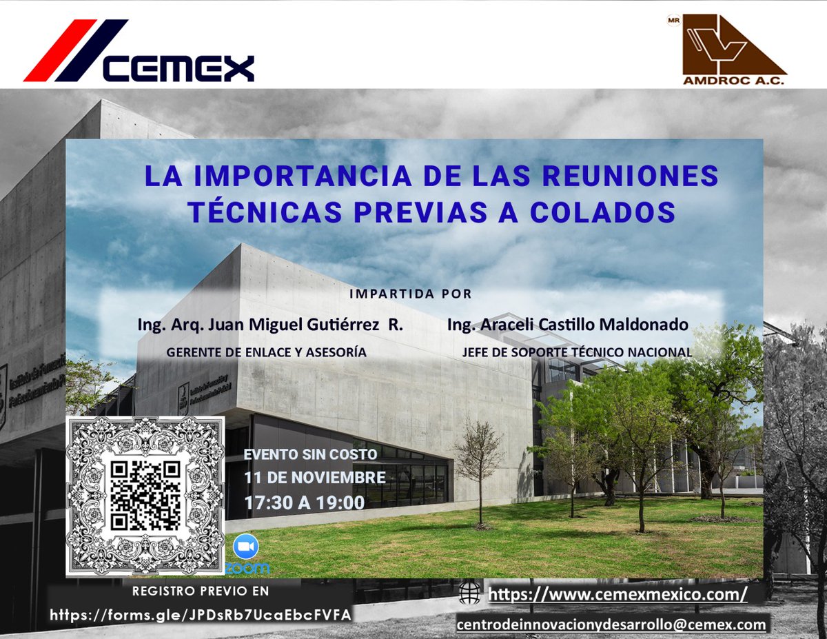 AmdrocAc's tweet photo. Los invitamos a la plática cortesía de CEMEX "La importancia de las reuniones técnicas previas a colados" Es sin costo previo registro riguroso. REGÍSTRATE AQUÍ ¡No faltes! https://t.co/4jpgCVK8ae #Construcción #Concreto #Direccióndeobra #Ingeniería #AMDROC https://t.co/CJuKdyV5BD