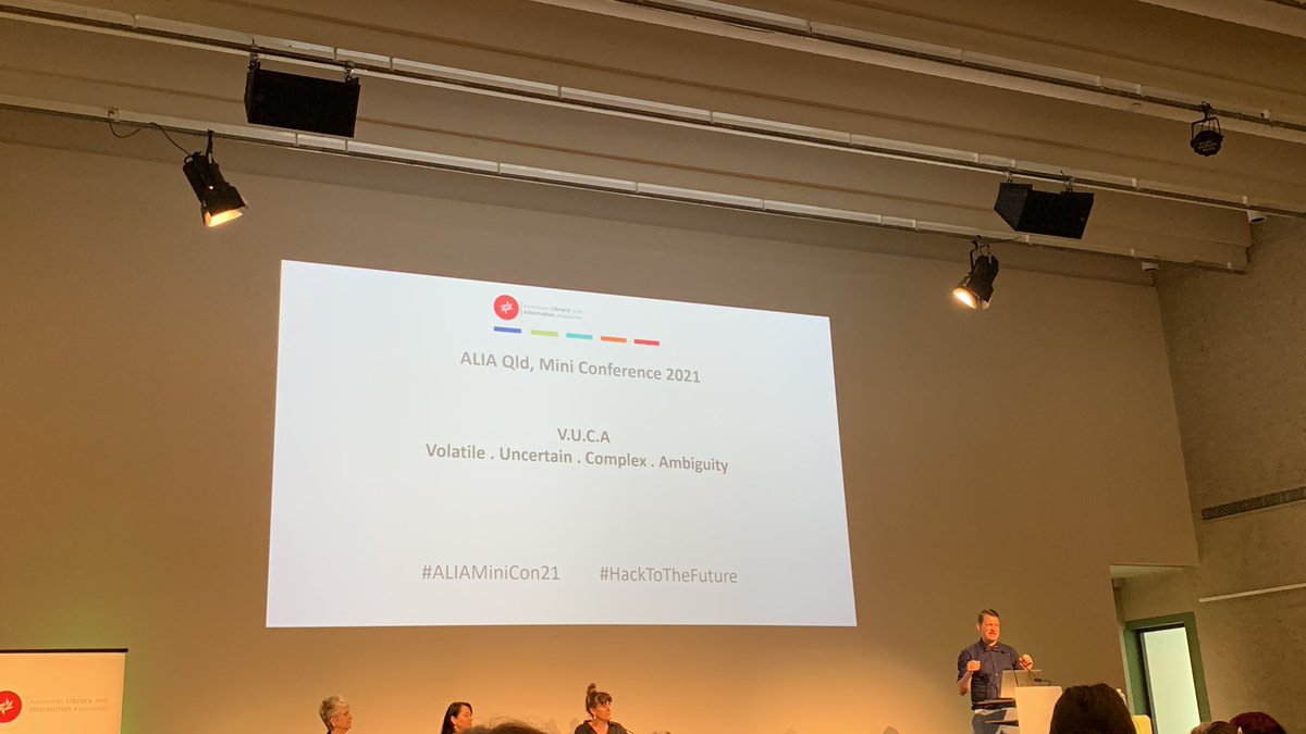 LibraryJobs_au's tweet photo. @JamesNicholson1 talking about VUCA - volatile uncertain complex ambiguity. Sound familiar… 🤔 #HackToTheFuture #AliaMiniCon21 @aliaQLD https://t.co/Pl4btTw2I5