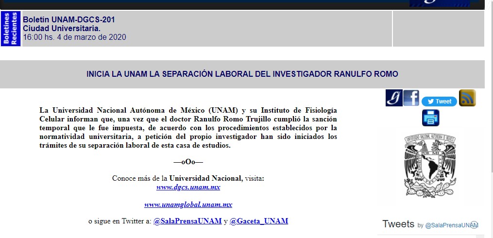 Rednes_'s tweet image. On March 2020 @UNAM_MX announced Ranulfo Romo would resign his job at UNAM, but he is still listed as researcher at Centro de Ciencias de la Complejidad @C3UNAM
#metooscience
#RanulfoRomo
#NeuroTwitter 
#neuroscience