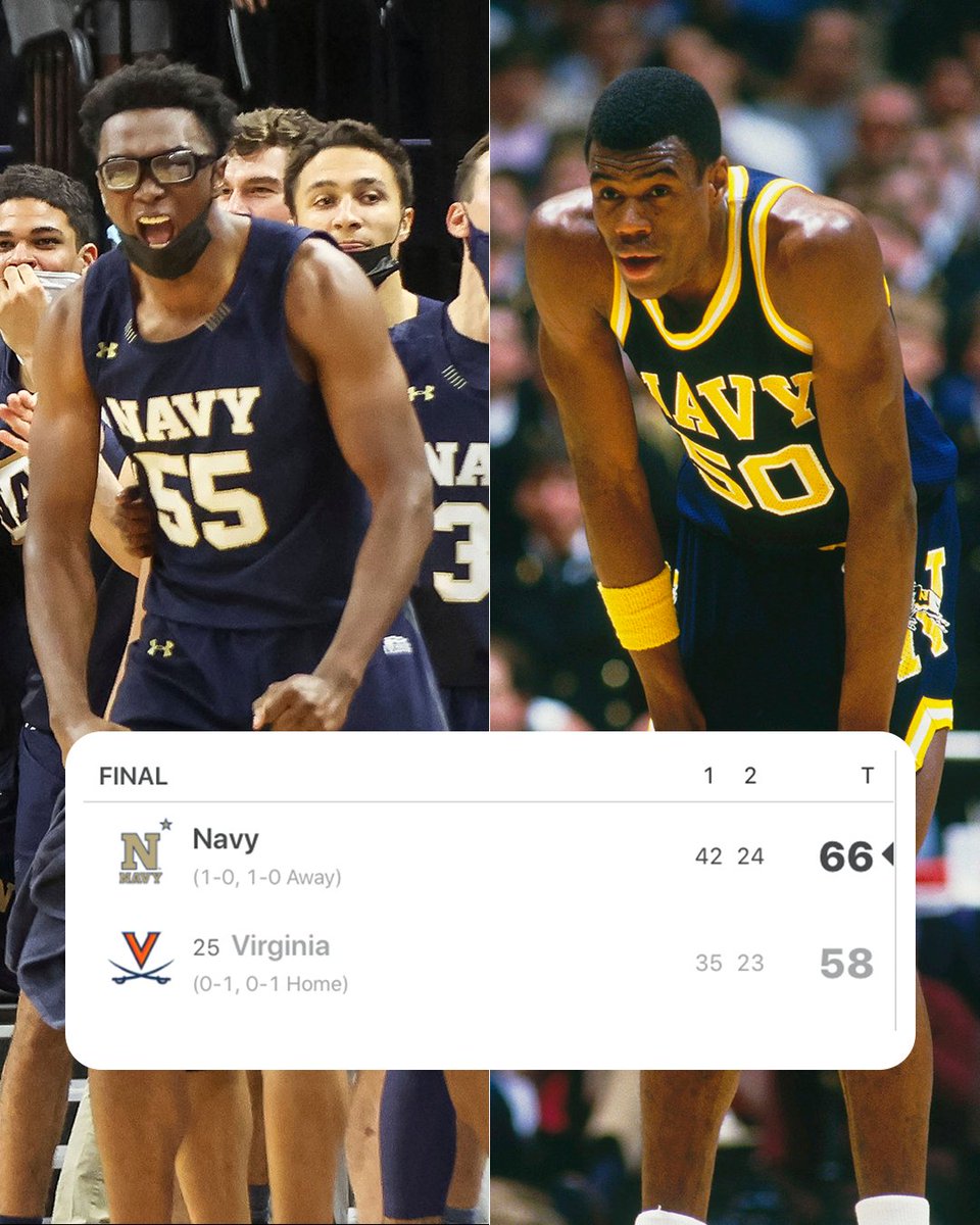 espn's tweet photo. An upset worthy of The Admiral ⚓️

Tonight's upset at No. 25 Virginia was Navy's first win over a ranked team since David Robinson was on the team 35 years ago. https://t.co/8CzEHWzCGX