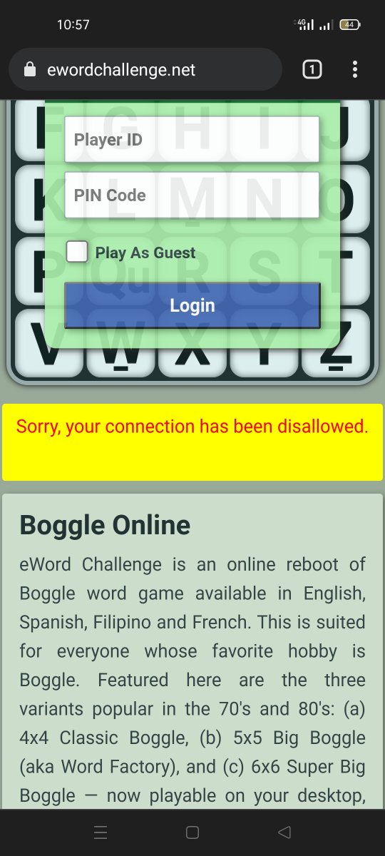 Inasmuch as <a href="/eWordChallenge/">eWordChallenge</a> has strived to ensure FAIR PLAY, users will be penalized if some irregularities are detected. First offenders will be suspended for 7 days!
#boggle #boggleonline #playboggle #wordfactory #wordgame