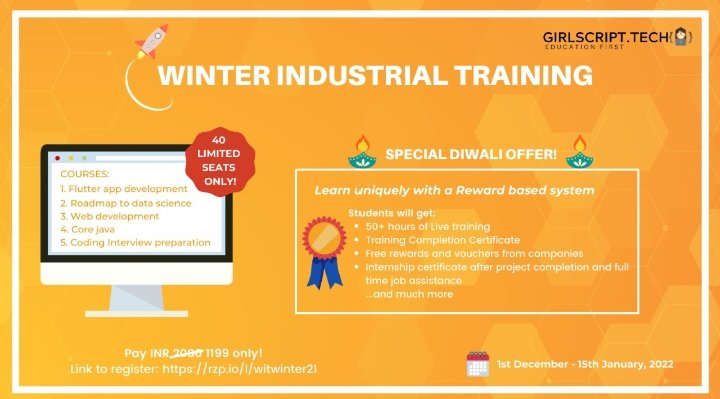 girlscript_rpr's tweet photo. *Level Up your skill game this winter by learning a HOT new skill!*🤩

*Registration link:* https://t.co/YKHshtzCbm (Complete details regarding syllabus and tracks is here, make sure you hit this link)👀

Winter Industrial training is a program initiated by GirlScript https://t.co/9O1jooSbcf