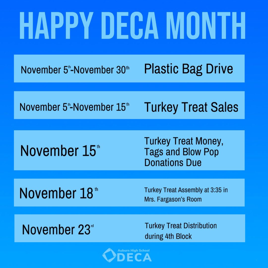 auburn_DECA's tweet photo. Happy DECA month! We have so many exciting things happening such as our annual plastic bag drive and Turkey Treat Sales!#aldeca https://t.co/P1TLP8iHJd