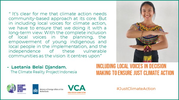 HivosROSEA's tweet photo. Thank you again for joining our #LocalClimateFinance side event. 
Sharing Laetania Belai Djandam's quote, emphasizing the inclusion of local voices in decision making for a #JustClimateAction 

@COP26 #TimeForActionIndonesia https://t.co/wtzm2Zq3h1