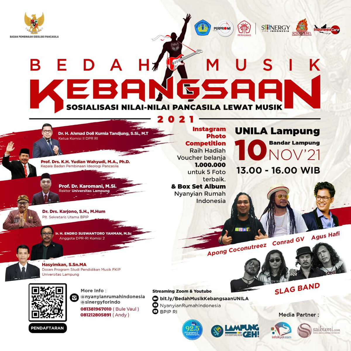 Badan Pembinaan Ideologi Pancasila bersama Sinergy for Indonesia, Indonesia Care dan Universitas Institut Pertanian Bogor menyelenggarakan "BEDAH MUSIK KEBANGSAAN DALAM RANGKA SOSIALISASI NILAI-NILAI PANCASILA LEWAT MUSIK"
#BedahMusikKebangsaan
#BedahMusikKebangsaanUNILA