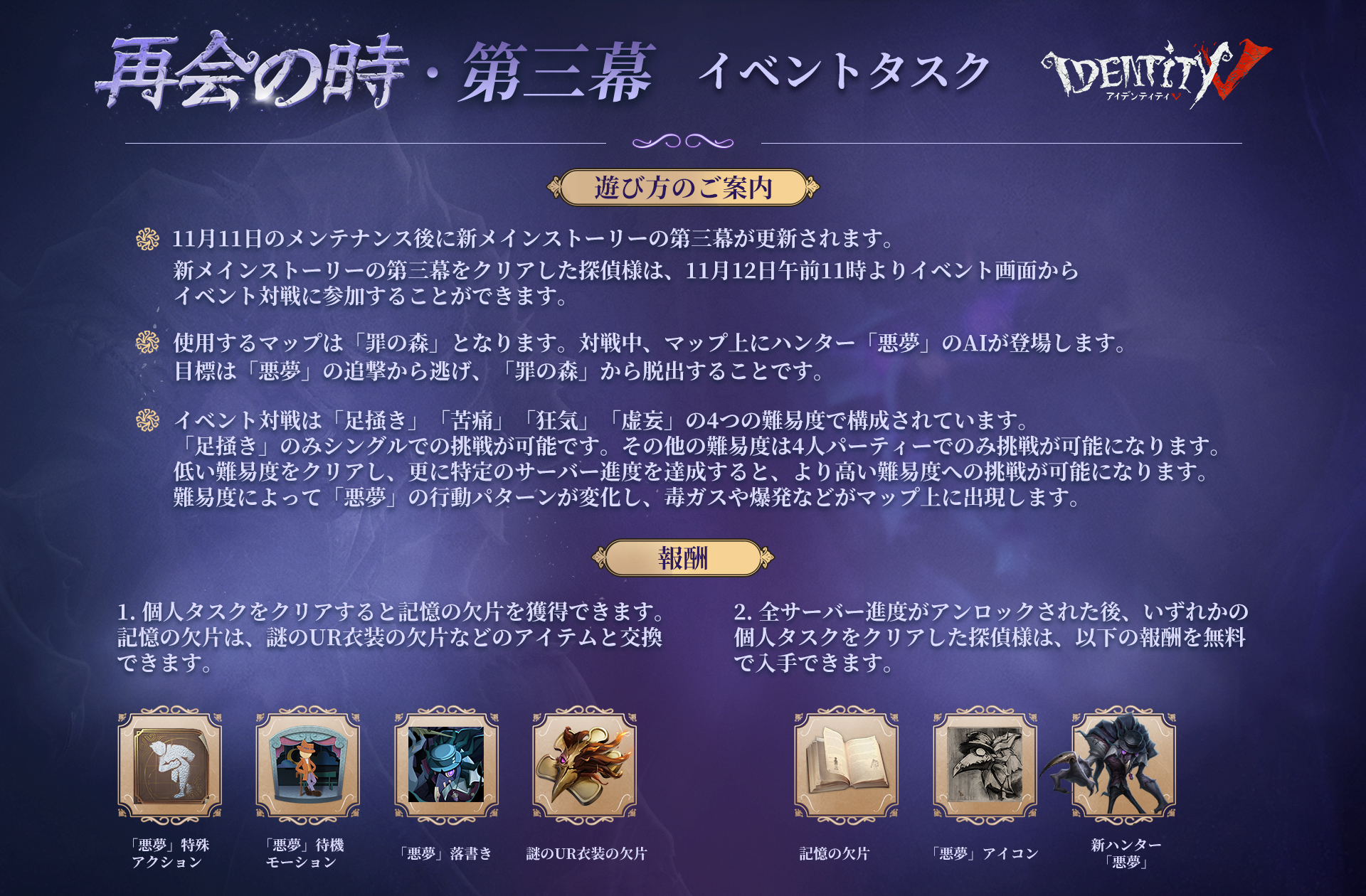公式 Identityv 第五人格 再会の時 第三幕イベントは11月12日11時から 新メインストーリーを完了後 イベントに参加すると新ハンターとの対戦が 更に集めたur衣装の欠片は 新ハンター 悪夢 のur衣装と交換可能 無料で衣装をゲットなの 早速