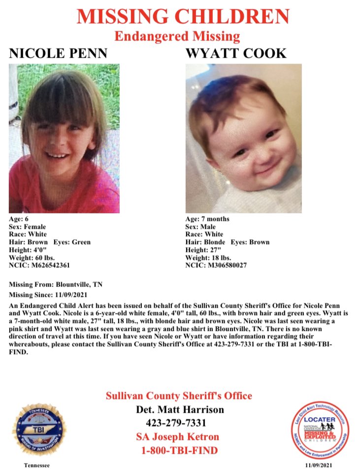 MORE: Nicole was last seen wearing a pink shirt and Wyatt was last seen wearing a gray and blue shirt. There is no known direction of travel at this time. 

Call 1-800-TBI-FIND with information!