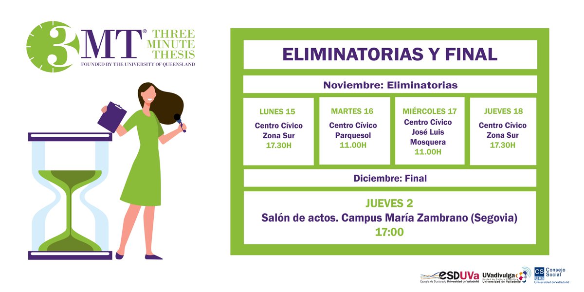 EsDUVa (@esduva) on Twitter photo ⏰⏳⌚️¡Se acerca el momento! Los días 15, 16, 17 y 18 celebramos las eliminatorias del concurso #3MT en el que nuestros estudiantes de doctorado se enfrentan al reto de presentar su tesis en tan solo 3⃣ minutos. Anotad fechas✍️🗓️ ¡Os esperamos!
<a href="/UVadivulga/">UVadivulga</a> <a href="/ConsejoSocUVa/">Consejo Social UVa</a> ⏰⏳⌚️¡Se acerca el momento! Los días 15, 16, 17 y 18 celebramos las eliminatorias del concurso #3MT en el que nuestros estudiantes de doctorado se enfrentan al reto de presentar su tesis en tan solo 3⃣ minutos. Anotad fechas✍️🗓️ ¡Os esperamos!
<a href="/UVadivulga/">UVadivulga</a> <a href="/ConsejoSocUVa/">Consejo Social UVa</a>