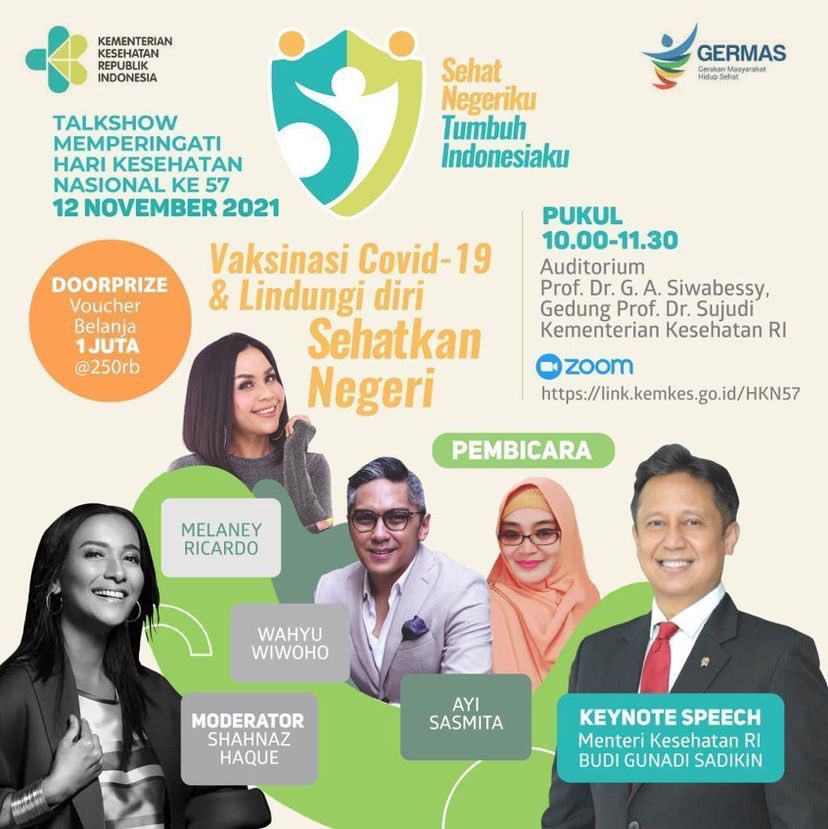 lanidiiana's tweet photo. Di Hari Kesehatan Nasional (HKN) ke-57, akan ada Talkshow dengan tema “Vaksinasi Covid-19 &amp; Lindungi Diri, Sehatkan Negeri”.
Dapatkan doorprize berupa voucher belanja sebesar Satu Juta Rupiah (@Rp.250.000,-)!

#TalkshowHKN2021
#AksiHKN57 
#VaksinasiLindungiNegeri
#DisiplinProkes https://t.co/yN8anje1cj